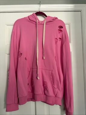 Pol Distressed Pink Hoodie with Cream Drawstrings